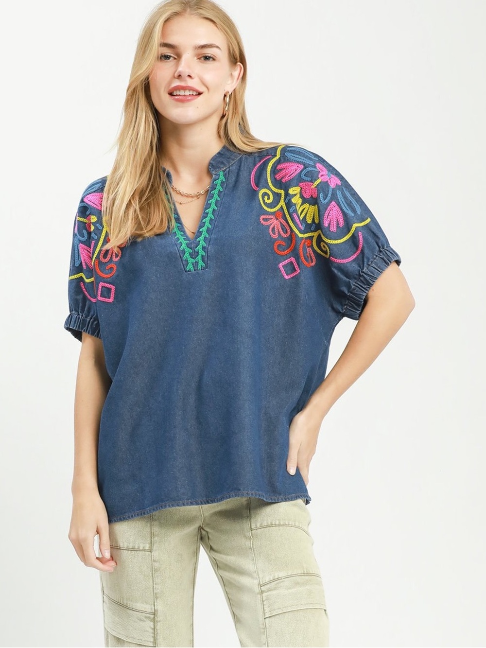 🩵 Umgee Embroidered Denim Puff Sleeve Oversized Top-Dark Wash